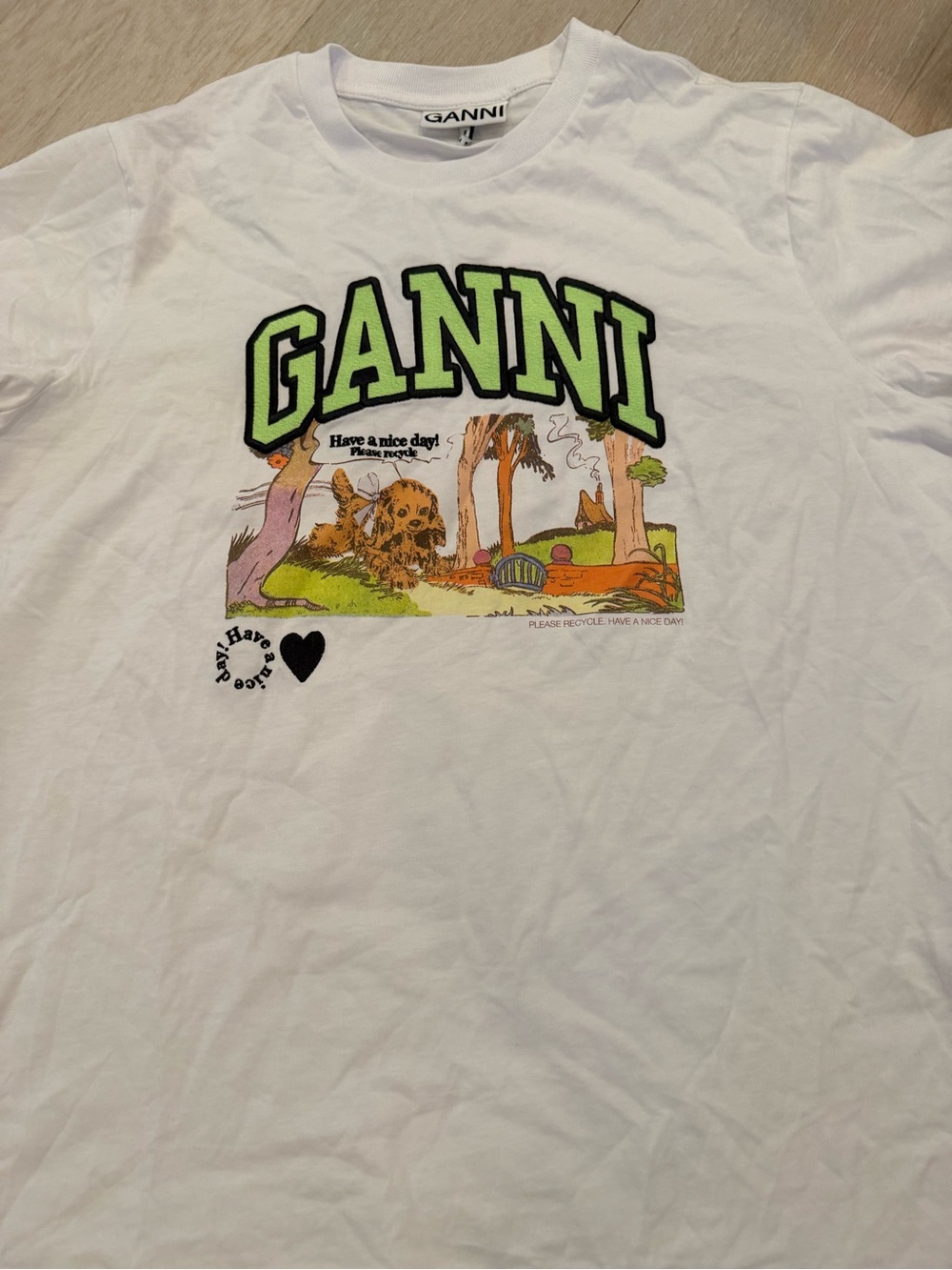 NWOT GANNI White Graphic Tee with Neon Green Logo